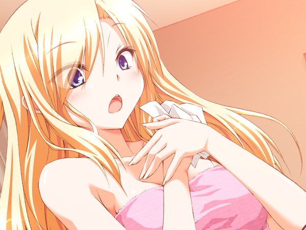 Anime picture 800x600 with zansho omimai moushiagemasu ooseuchi alisa luna lia single long hair looking at viewer blush fringe breasts open mouth light erotic blonde hair purple eyes bare shoulders holding game cg upper body indoors dutch angle naked towel