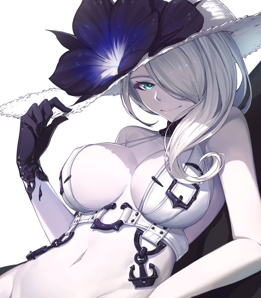 Anime picture 1052x1200 with kantai collection seaport summer hime nian (zhanian) single long hair tall image looking at viewer fringe breasts blue eyes light erotic white background white hair hair over one eye shinkaisei-kan girl gloves navel flower (flowers) hat