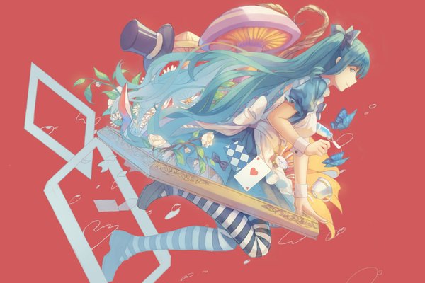 Anime picture 1600x1069 with alice in wonderland vocaloid hatsune miku alice (wonderland) liuli (llc) single long hair looking at viewer simple background smile twintails looking back aqua eyes aqua hair turning head striped red background empty picture frame girl thighhighs