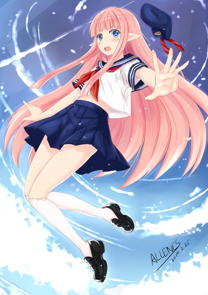 Anime picture 2480x3507 with original allenes long hair tall image blush highres open mouth blue eyes signed pink hair sky cloud (clouds) pointy ears girl skirt uniform school uniform shirt socks white socks