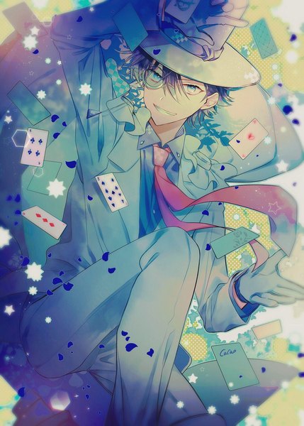 Anime picture 1036x1450 with magic kaito kaito kid cacao (chocotto) single tall image fringe short hair blue eyes black hair smile hair between eyes arm up grin boy gloves shirt petals necktie white gloves star (symbol)