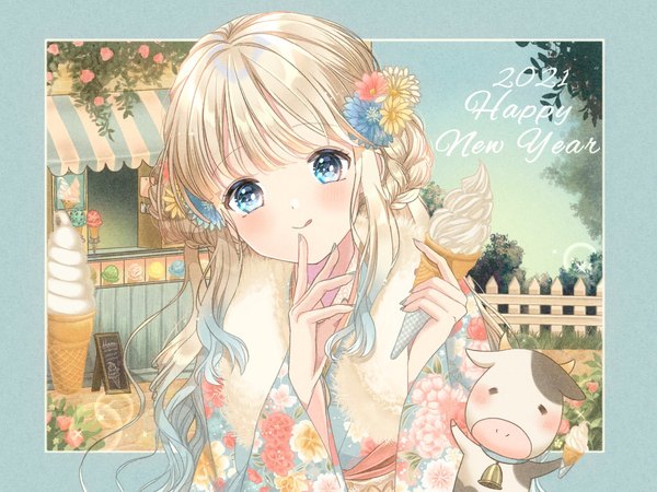 Anime picture 1024x768 with original konpeito1025 single long hair looking at viewer blue eyes blonde hair nail polish traditional clothes head tilt japanese clothes multicolored hair hair flower two-tone hair new year happy new year 2021 girl flower (flowers) animal