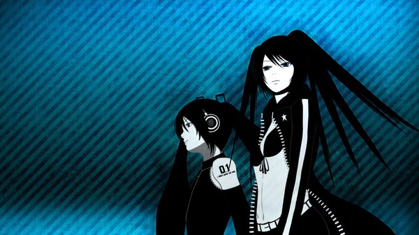 Anime picture 1920x1080 with black rock shooter vocaloid hatsune miku black rock shooter (character) long hair highres blue eyes black hair wide image twintails bare shoulders multiple girls crossover girl 2 girls headphones cloak bikini top