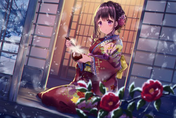 Anime picture 2092x1409 with original kisaragi yuri single looking at viewer blush fringe highres short hair sitting purple eyes holding payot purple hair traditional clothes japanese clothes blurry wide sleeves snowing winter snow