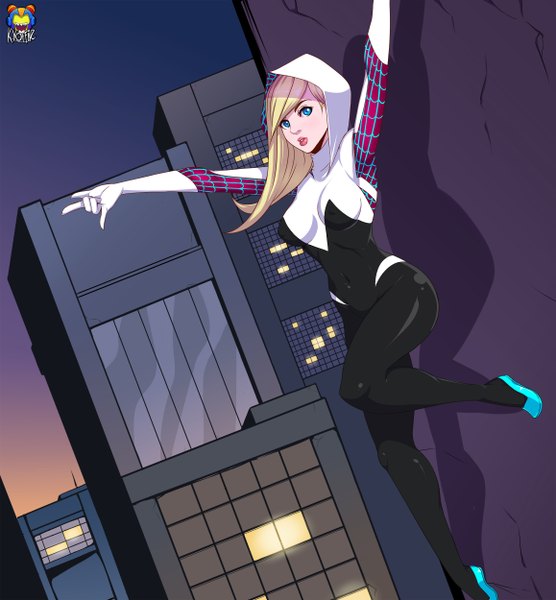 Anime picture 2315x2500 with marvel comics gwen stacy spider-gwen kyoffie12 single long hair tall image looking at viewer highres breasts blue eyes blonde hair lips city eyebrows superhero girl navel bodysuit