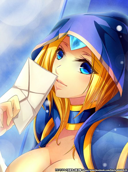 Anime picture 744x1000 with dota 2 (game) rylai crestfall (dota 2) blackrabbit0626 single long hair tall image blush breasts blue eyes light erotic blonde hair large breasts holding cleavage lips girl hood letter