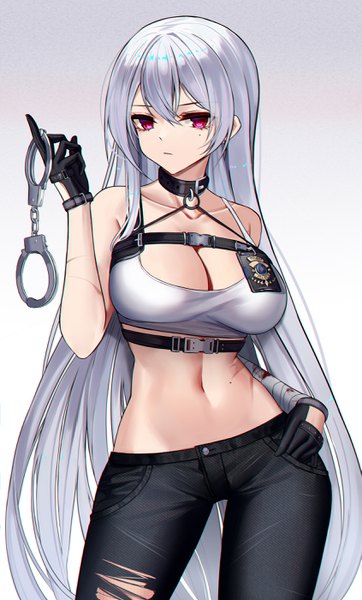 Anime picture 1692x2800 with azur lane sovetskaya rossiya (azur lane) sovetskaya rossiya (the lackadaisical lookout) (azur lane) eternity (shadeh) single long hair tall image looking at viewer blush fringe breasts light erotic simple background hair between eyes red eyes large breasts standing bare shoulders holding cleavage
