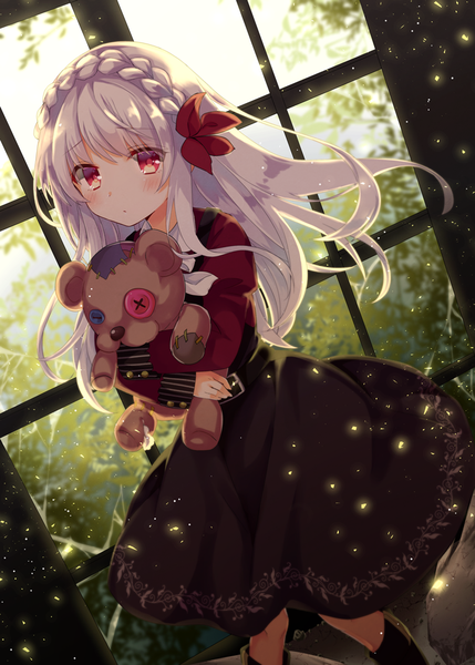 Anime picture 715x1000 with original emilion single long hair tall image looking at viewer blush fringe red eyes standing silver hair braid (braids) crown braid girl window toy stuffed animal stuffed toy teddy bear