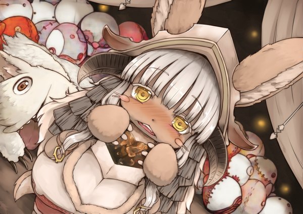 Anime picture 1600x1131 with made in abyss kinema citrus nanachi (made in abyss) mitty (made in abyss) hitonoma (hito noma) single long hair looking at viewer blush open mouth animal ears yellow eyes white hair girl food sweets chocolate creature chocolate heart furry
