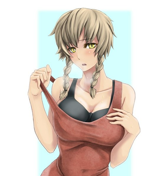 Anime picture 1000x1091 with steins;gate white fox amane suzuha single long hair tall image blush breasts open mouth brown hair large breasts yellow eyes braid (braids) twin braids girl