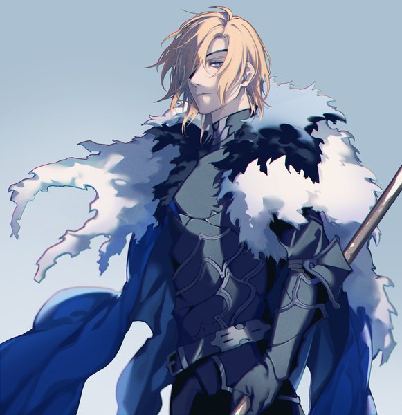 Anime picture 1626x1679 with fire emblem fire emblem: three houses nintendo dimitri alexandre blaiddyd sb (artist) single tall image looking at viewer fringe short hair blue eyes simple background blonde hair standing hair over one eye fur trim gradient background boy belt armor