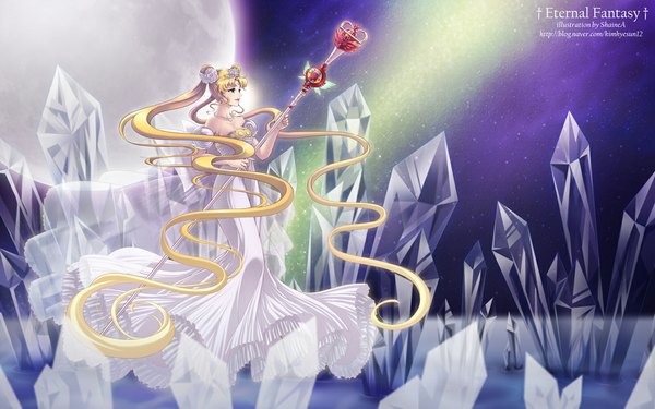 Anime picture 1167x730 with bishoujo senshi sailor moon toei animation tsukino usagi princess serenity neo queen serenity shainea single fringe blonde hair smile twintails bare shoulders holding signed looking away very long hair profile hair flower lips night