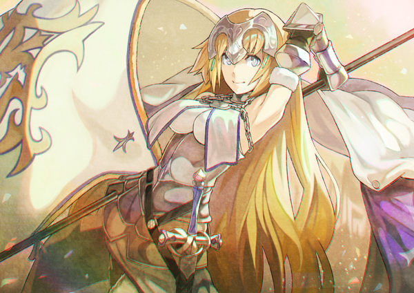 Anime picture 1023x724 with fate (series) fate/grand order fate/apocrypha type-moon jeanne d'arc (fate) (all) jeanne d'arc (fate) rano single breasts blonde hair very long hair light smile grey hair arms up armpit (armpits) dutch angle arms behind head girl weapon sword