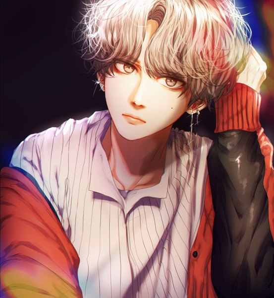 Anime picture 1843x2000 with real life bts v (bts) ikram single tall image looking at viewer fringe highres short hair simple background upper body head tilt grey hair off shoulder mole open jacket grey eyes piercing ear piercing