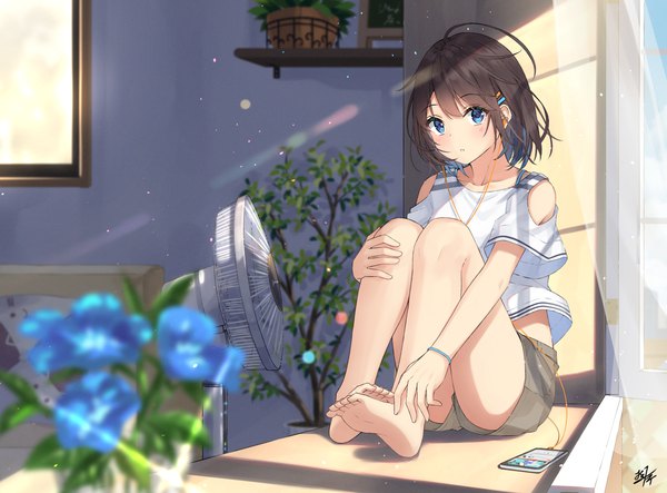 Anime picture 1652x1221 with original miko fly single looking at viewer blush fringe short hair blue eyes brown hair sitting bare shoulders signed ahoge indoors parted lips barefoot blurry bare legs short sleeves depth of field