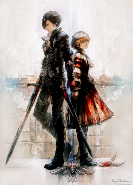 Anime picture 1446x2000 with final fantasy final fantasy xvi square enix clive rosfield joshua rosfield takahashi kazuya tall image fringe short hair blue eyes black hair blonde hair hair between eyes standing holding signed looking away full body profile official art