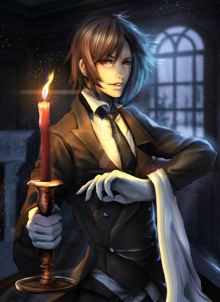 Anime picture 1600x2193 with kuroshitsuji a-1 pictures sebastian michaelis sangrde single tall image looking at viewer fringe short hair red eyes standing indoors parted lips lips night dark hair boy gloves shirt necktie