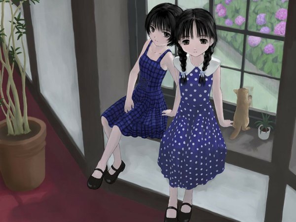 Anime picture 1024x768 with original dress window cat child (children)
