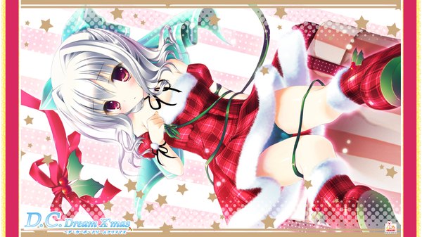 Anime picture 1920x1080 with da capo aisia kino (kino konomi) konomi (kino konomi) single long hair highres light erotic red eyes wide image white hair pantyshot christmas half updo girl dress ribbon (ribbons) star (symbol)