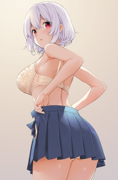 Anime picture 986x1500 with azur lane sirius (azur lane) takayaki single tall image looking at viewer blush fringe breasts open mouth light erotic simple background hair between eyes red eyes large breasts standing silver hair ass pleated skirt fingernails