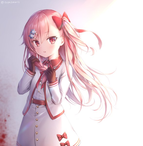 Anime picture 1179x1208 with girls frontline negev (girls' frontline) suyamori single long hair tall image looking at viewer blush fringe simple background red eyes standing signed pink hair braid (braids) parted lips twitter username one side up light side braid