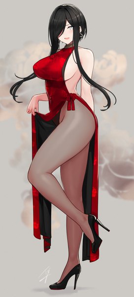 Anime picture 637x1404 with original hayabusa single long hair tall image blush fringe breasts open mouth light erotic black hair simple background large breasts standing payot full body bent knee (knees) traditional clothes hair over one eye mole