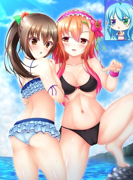 Anime picture 1000x1348 with original hiro (725611) long hair tall image looking at viewer blush open mouth light erotic brown hair multiple girls brown eyes sky cloud (clouds) ponytail orange hair midriff side ponytail girl navel 2 girls