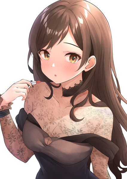 Anime picture 2508x3541 with idolmaster idolmaster million live! kitazawa shiho b1ack illust single long hair tall image looking at viewer blush fringe highres breasts open mouth light erotic simple background brown hair large breasts white background brown eyes cleavage