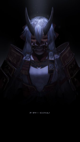 Anime picture 1750x3108 with fate (series) fate/grand order tomoe gozen (fate) cenm0 single long hair tall image fringe highres hair between eyes silver hair upper body traditional clothes japanese clothes black background looking down samurai girl armor mask
