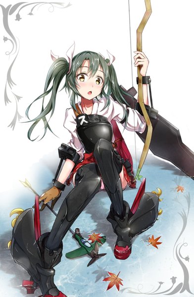 Anime picture 1100x1682 with kantai collection zuikaku aircraft carrier bae.c single long hair tall image looking at viewer blush open mouth black hair twintails yellow eyes full body traditional clothes pantyshot pantyshot sitting girl underwear panties weapon