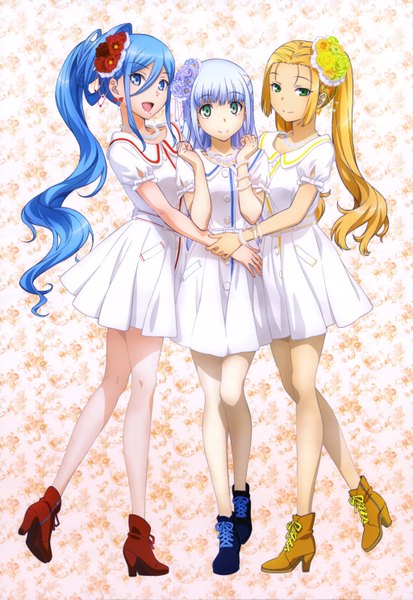Anime picture 4094x5941 with aoki hagane no arpeggio nyantype takao (aoki hagane no arpeggio) iona haruna (aoki hagane no arpeggio) long hair tall image looking at viewer highres open mouth blue eyes blonde hair multiple girls green eyes blue hair absurdres full body official art side ponytail girl