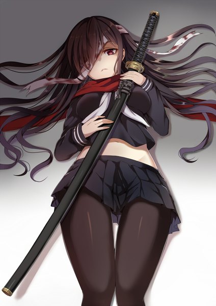Anime picture 800x1131 with original harimoji single long hair tall image looking at viewer fringe breasts simple background red eyes brown hair lying long sleeves midriff on back gradient background sheathed bandage over one eye girl skirt