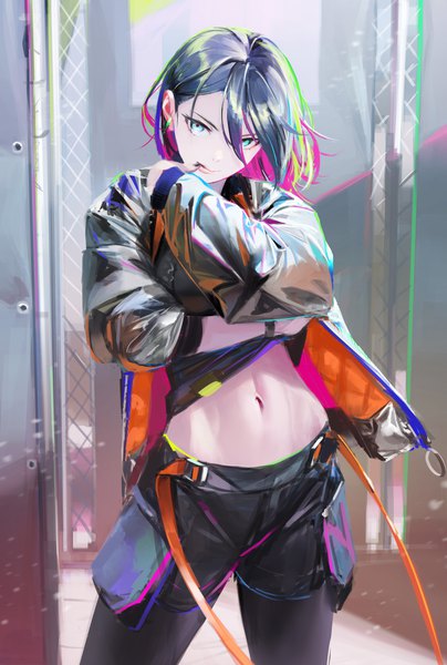 Anime picture 4096x6084 with original arata yokoyama single tall image looking at viewer fringe highres short hair black hair hair between eyes standing absurdres long sleeves multicolored hair arm up aqua eyes open jacket midriff finger to mouth colored inner hair