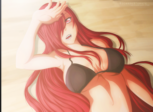 Anime picture 2000x1476 with fairy tail erza scarlet ric9duran single long hair fringe highres open mouth light erotic red hair lying pink eyes sunlight hair over one eye armpit (armpits) coloring sand girl swimsuit bikini