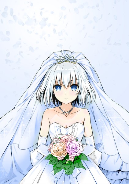 Anime picture 1056x1500 with date a live tobiichi origami alvin chong single tall image looking at viewer blush fringe short hair breasts blue eyes simple background hair between eyes standing bare shoulders holding silver hair blue background girl dress