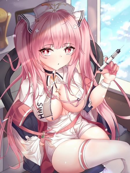 Anime picture 2100x2800 with azur lane perseus (azur lane) perseus (nursery service time) (azur lane) ttopang single long hair tall image looking at viewer blush fringe highres breasts light erotic large breasts sitting twintails holding payot pink hair cloud (clouds)