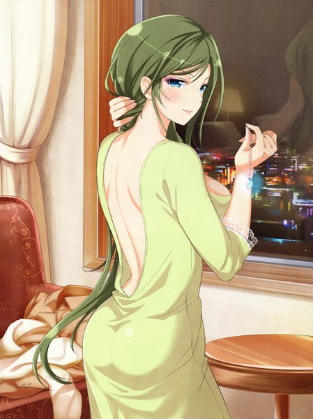 Anime picture 1961x2621 with senran kagura fuga (senran kagura) single tall image looking at viewer blush fringe highres breasts blue eyes light erotic hair between eyes large breasts cleavage ass very long hair green hair light smile scan mole