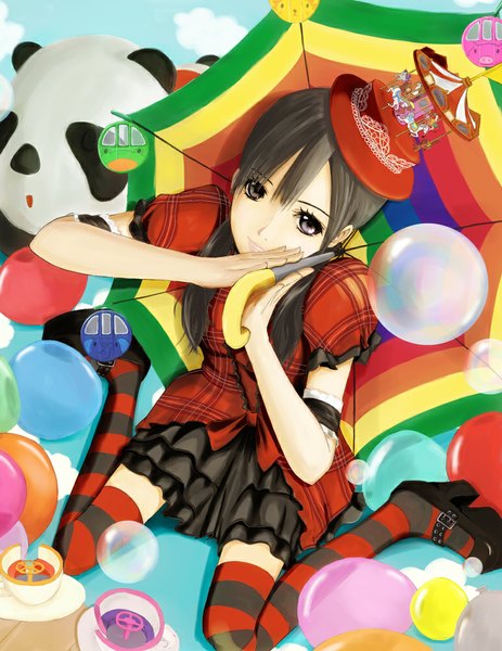 Anime picture 773x1000 with real life akb48 (group) watanabe mayu (singer) aqi single long hair tall image black hair sitting holding cloud (clouds) black eyes zettai ryouiki girl thighhighs skirt hat animal umbrella striped thighhighs