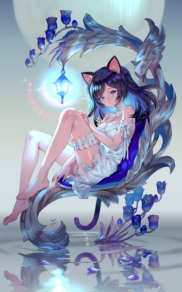 Anime picture 1000x1599 with original midori foo single long hair tall image looking at viewer blush fringe breasts blue eyes light erotic black hair sitting signed animal ears cleavage full body bent knee (knees) tail animal tail