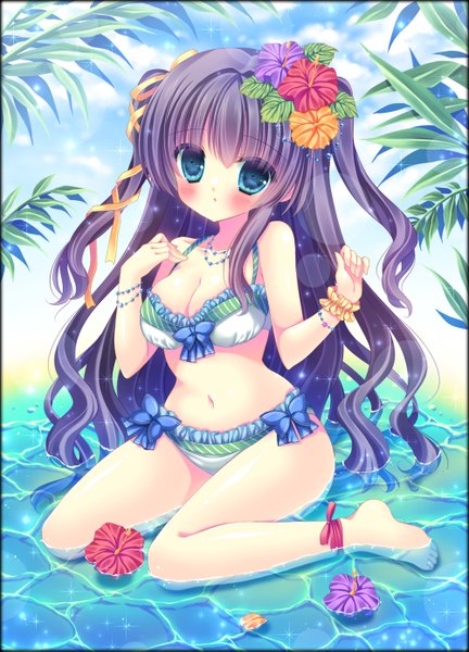 Anime picture 1000x1387 with original kouta. single long hair tall image looking at viewer blush blue eyes light erotic blue hair hair flower two side up girl navel hair ornament flower (flowers) ribbon (ribbons) swimsuit hair ribbon bikini