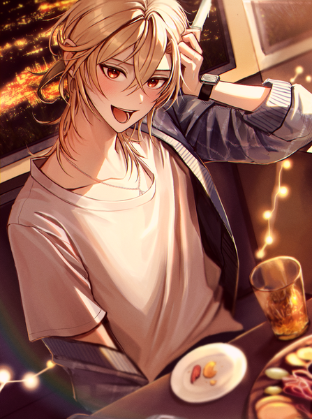 Anime picture 1247x1673 with genshin impact kaveh (genshin impact) pponnya single long hair tall image looking at viewer blush fringe open mouth blonde hair hair between eyes red eyes indoors :d hand on head boy clock cardigan glass