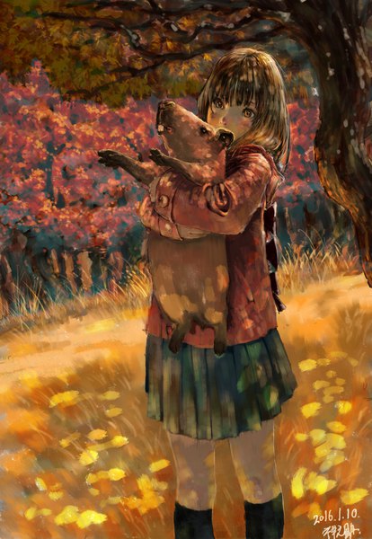 Anime picture 2000x2900 with original zennosuke single long hair tall image looking at viewer fringe highres brown hair standing holding brown eyes signed outdoors long sleeves hug dated covered mouth autumn nature