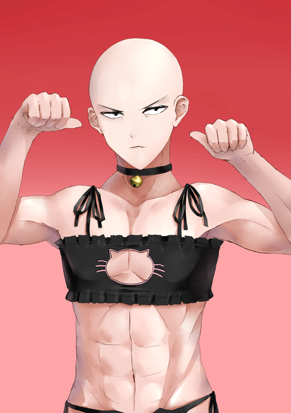 イラスト 2480x3507 と ワンパンマン マッドハウス saitama (one-punch man) マヨナイス ソロ 長身像 highres 開いた口 light erotic simple background looking away gradient background 谷間ホール red background 筋肉 serious paw pose 腹筋 frilled bra bald