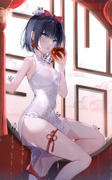 Anime picture 1871x3008 with original miwano rag single tall image looking at viewer blush fringe highres short hair blue eyes black hair holding bent knee (knees) blunt bangs traditional clothes scan chinese clothes side slit animal on shoulder animal on head