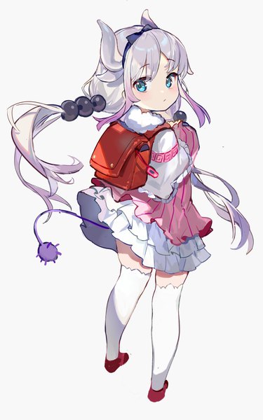 Anime picture 2000x3200 with kobayashi-san chi no maidragon kyoto animation kanna kamui karasu btk single long hair tall image highres blue eyes simple background standing twintails silver hair full body tail looking back horn (horns) grey background loli low twintails