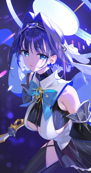 Anime picture 2079x3927 with virtual youtuber hololive hololive english ouro kronii ouro kronii (1st costume) yd (orange maru) single tall image looking at viewer fringe highres short hair breasts blue eyes light erotic black hair simple background large breasts standing bare shoulders