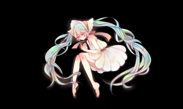 Anime picture 2560x1536 with vocaloid hatsune miku single long hair highres simple background wide image twintails bare shoulders eyes closed barefoot aqua hair no shoes legs black background sleeping girl dress bonnet