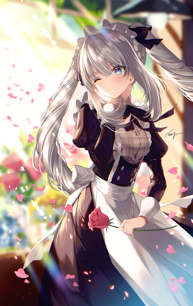 Anime picture 600x950 with fate (series) fate/grand order marie antoinette (fate/grand order) necomi (gussan) single long hair tall image blush fringe blue eyes smile hair between eyes standing twintails holding signed payot looking away one eye closed wind