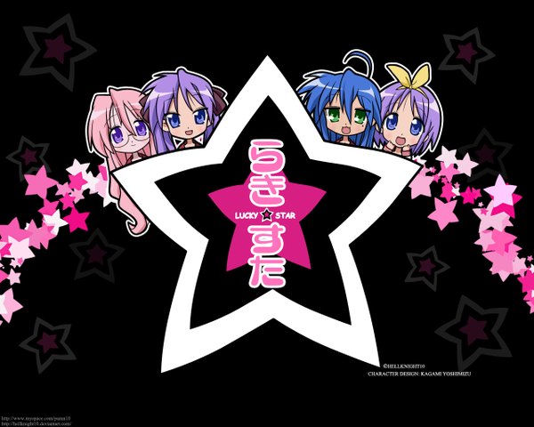 Anime picture 1280x1024 with lucky star kyoto animation izumi konata hiiragi kagami hiiragi tsukasa takara miyuki hellknight10 black background girl