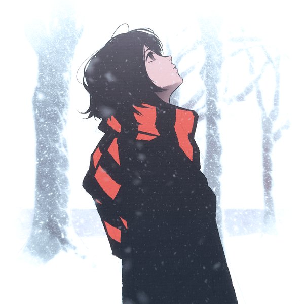 Anime picture 1080x1080 with original moshimoshibe single short hair black hair standing upper body outdoors profile black eyes snowing looking up winter snow girl plant (plants) tree (trees) scarf striped scarf